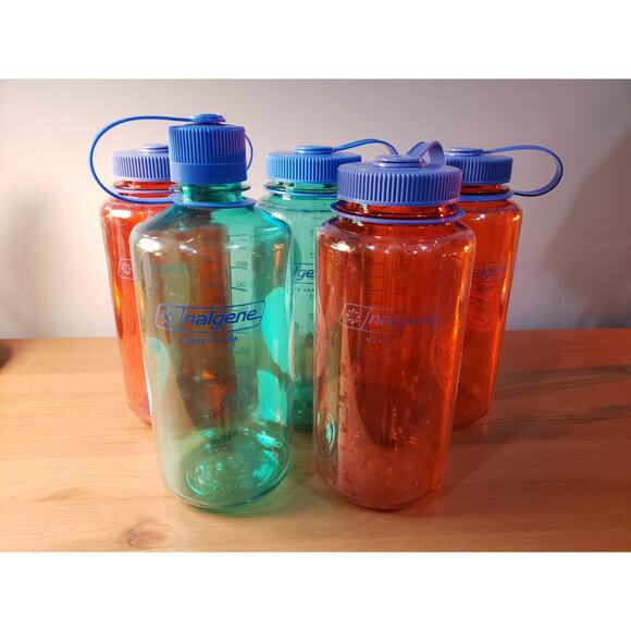 Nalgene 32oz Wide & NM Water Bottle Lot X5 Pastel Green & Marmalade Made in USA - Picture 1 of 3